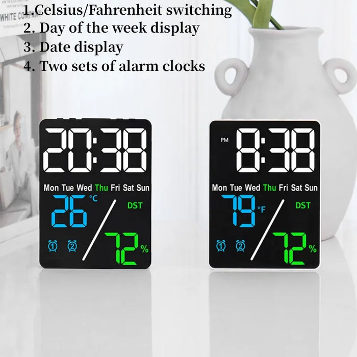 Digital Alarm Clock with Temperature and Humidity Display – 2 Alarms, Snooze, Adjustable Brightness, and LED Screen