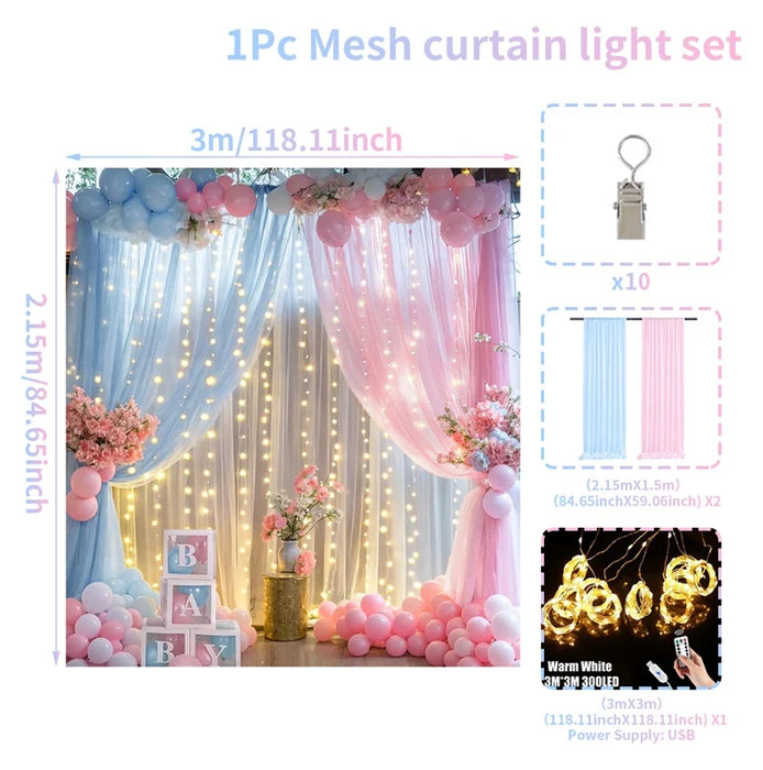Set of 2 Tulle Backdrop Curtains with Lights – Wedding, Party, Baby Shower, and Photo Shoot