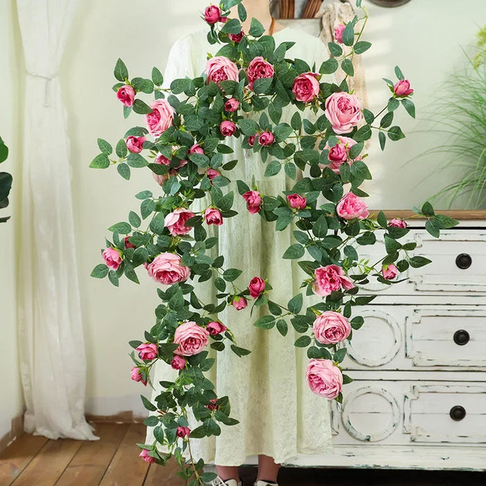 Artificial Sweetheart Roses Vine – Silk Red and Orange Rose Flower Rattan Vine for Home, Wedding, and Café Decoration