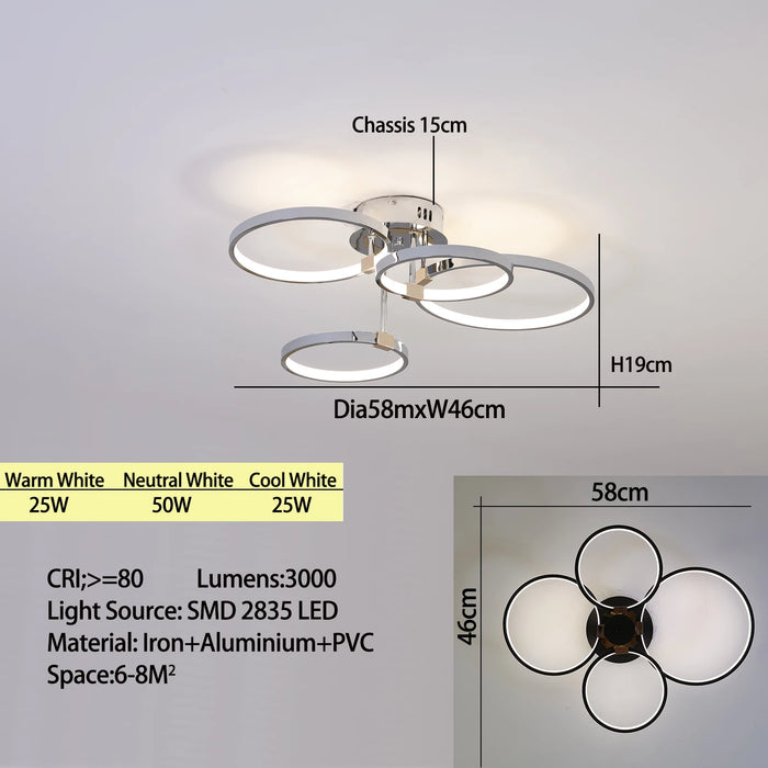 Modern Dimmable LED Ceiling Light – 4/6 Ring Chandelier with Remote Control, Adjustable Color Temperature for Living Room, Bedroom, and Dining Room