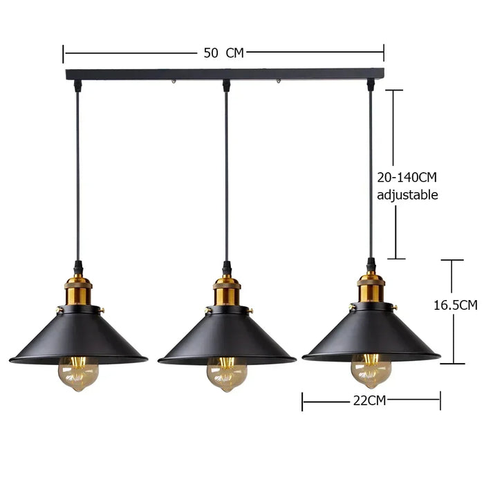 Vintage 3-Head Pendant Light – E27 LED Hanging Lamp for Kitchen, Dining Room, and Bedroom