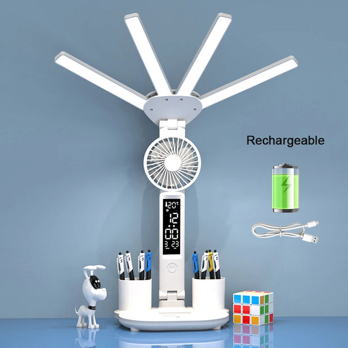 Rechargeable LED Desk Lamp with Fan, Clock Display, and 3-Color Dimming for Study and Reading