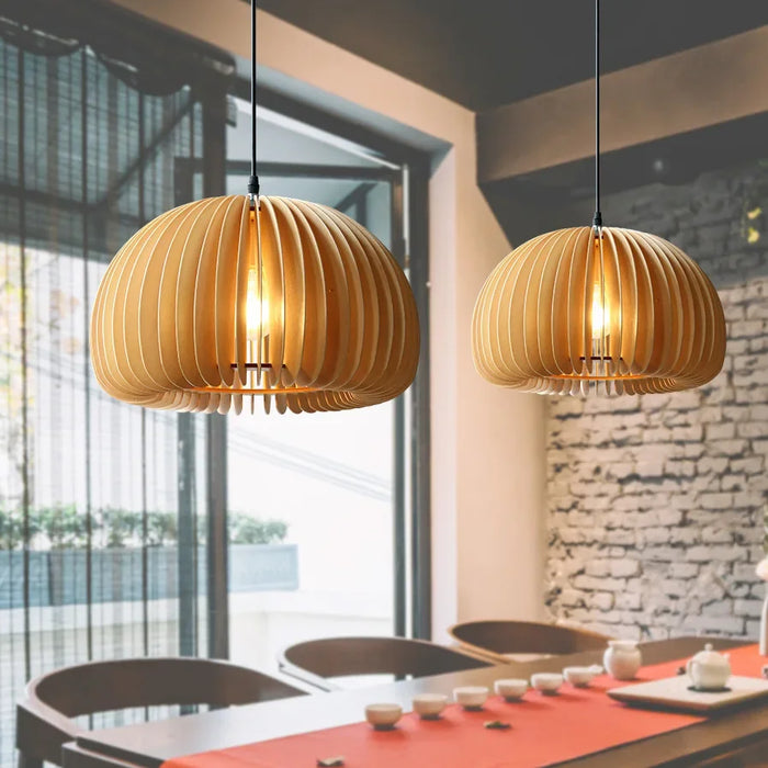 Modern Wood Pumpkin Pendant Light – Handmade Hanging Lamp for Dining Room, Bedroom, and Home Decor – Natural Bamboo & Wooden E27 Fixture (18-42cm)