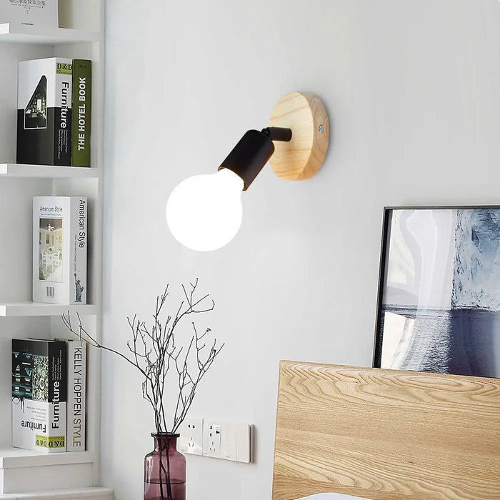 Wooden Base Wall Mounted LED Light – Vintage E27 Retro Bedside Wall Lamp for Bedroom, Living Room, and Home Decoration