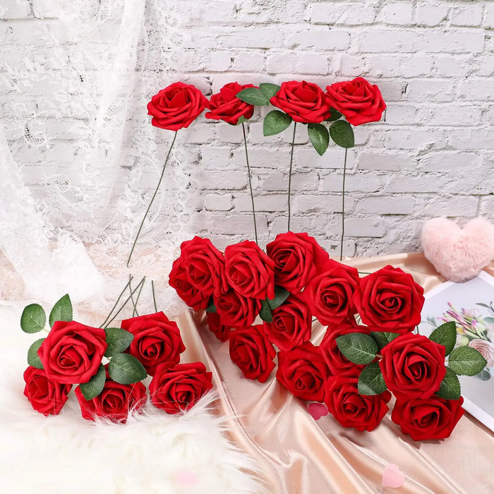 25/10PCS Red Artificial Roses with Stems – Realistic Fake Roses for DIY Wedding Bouquets, Party & Home Decorations