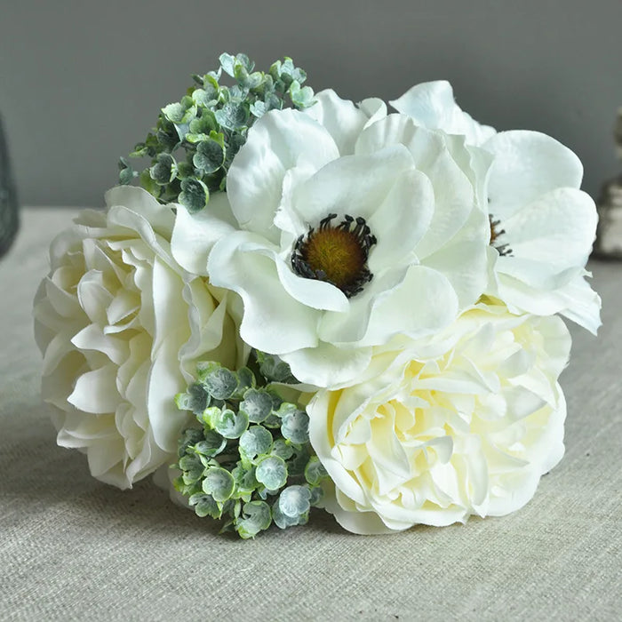 Beautiful Nordic Peony & Anemone Artificial White Silk Flowers Bouquet – Wedding, Home Decor, DIY, and Scrapbook Craft Accessories