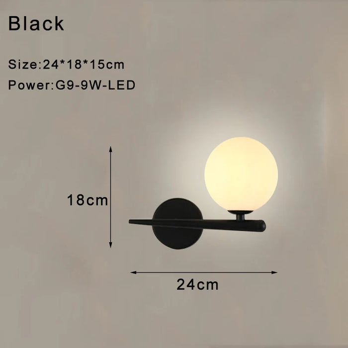 Indoor Glass Ball LED Wall Light – Modern Wall Sconce with G9 9W Bulb for Bedroom, Kitchen, and Living Room - Black & Gold Design