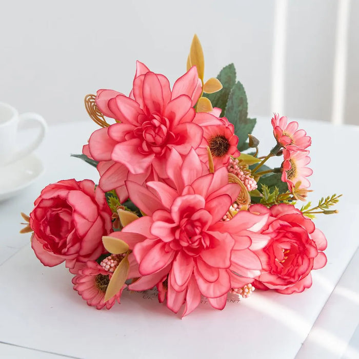 1Pc Artificial Silk Dahlia, Rose & Daisy Flower Bouquet – Wedding, Party, Home Decoration – DIY Floral Arrangement for Bridal Bouquets