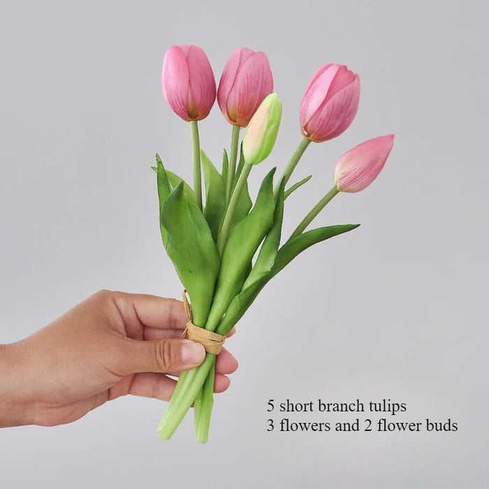5 Short Pole Tulips Artificial Bouquet – Soft Rubber Silk Tulips for Home Decoration, Weddings, and Photography Props