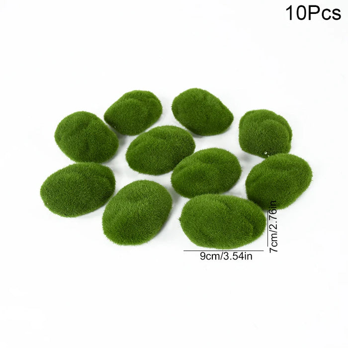 10pcs Artificial Moss Rocks – Green Fake Stones for DIY Garden Decoration & Creative Crafts