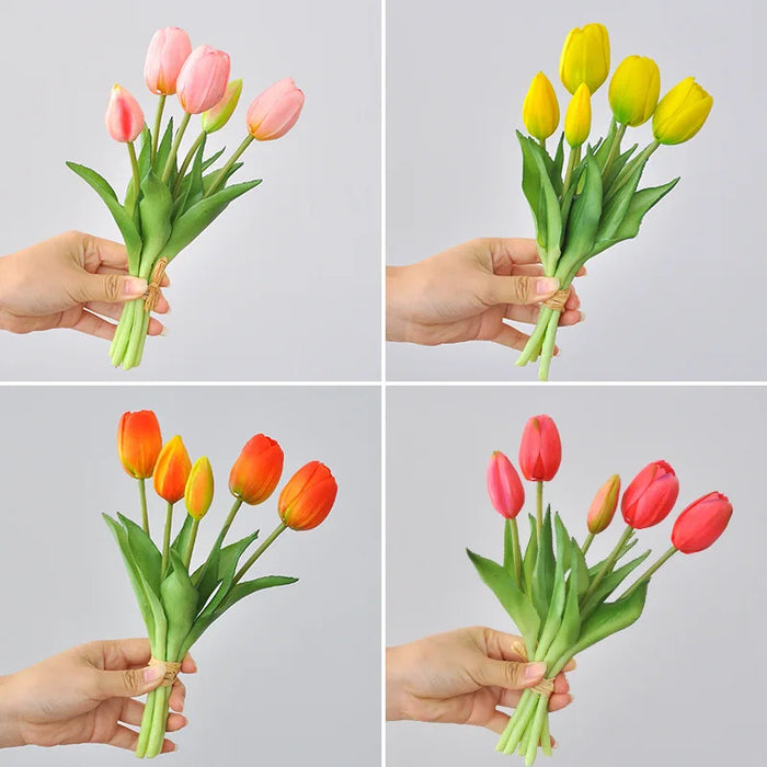 5 Short Pole Tulips Artificial Bouquet – Soft Rubber Silk Tulips for Home Decoration, Weddings, and Photography Props