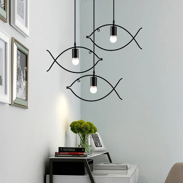 Retro Industrial Fish-Shaped Pendant Light – Modern Iron Chandelier for Living Room, Bedroom, and Study