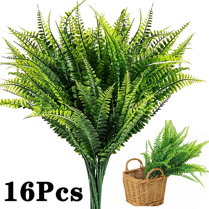 Artificial Fern Bunch with Green Leaves – Fake Plastic Plants for Home, Porch, Garden, and Outdoor Decoration