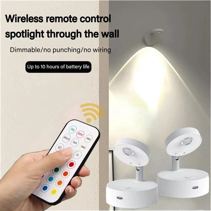 Wireless LED Spotlight – USB Rechargeable Wall Lamp with Remote Control, 12-Color RGB Night Light for Bedrooms, Cabinets, and Wardrobes