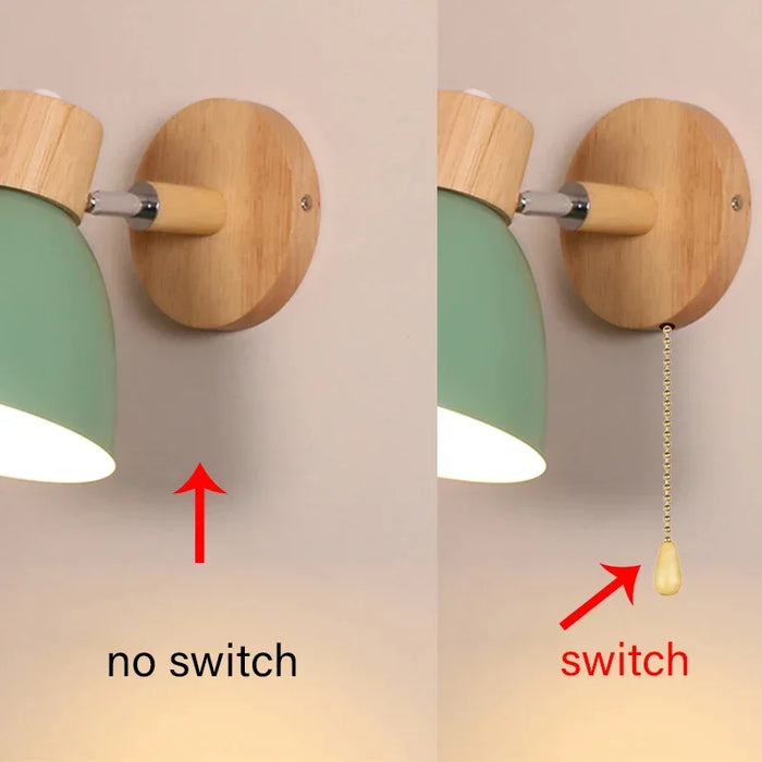 Nordic Wooden Wall Lamp with Switch – Modern Wall Light for Bedroom, Living Room, and Home Lighting, 6-Color Adjustable Head