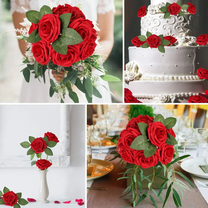 25/10PCS Red Artificial Roses with Stems – Realistic Fake Roses for DIY Wedding Bouquets, Party & Home Decorations