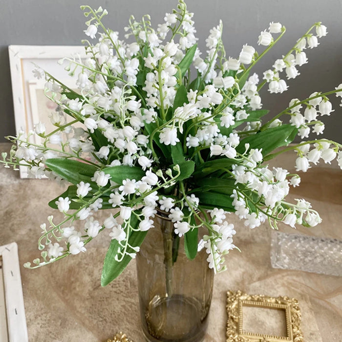 6pcs White Artificial Lily of the Valley Bouquet – Silk Flowers for Wedding, Home, and Table Centerpiece Decoration