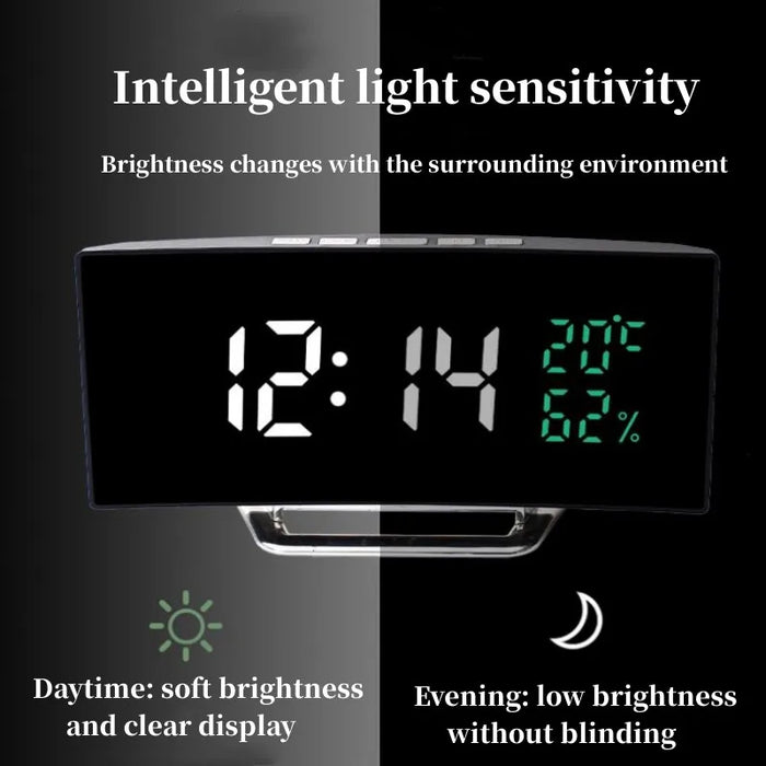 Digital Mirror Alarm Clock – LED Display with Temperature, Humidity, 2 Brightness Levels, Snooze, Night Mode & 12/24H Switch