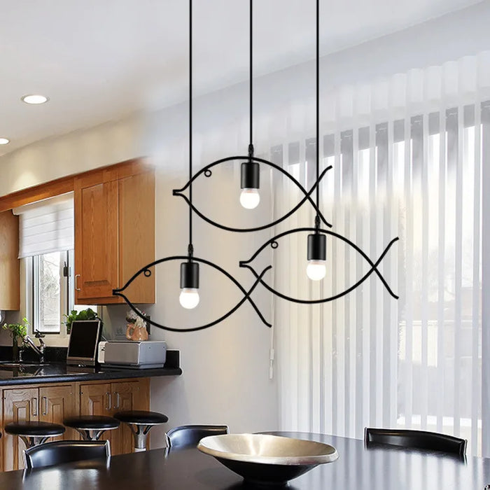 Retro Industrial Fish-Shaped Pendant Light – Modern Iron Chandelier for Living Room, Bedroom, and Study