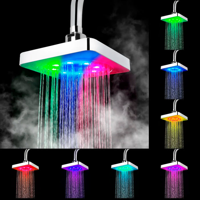 LED Rainfall Shower Head – Ultra-Quiet 7 Colors Gradual Changing with Temperature Sensor, Square Fixed Showerhead for Modern Bathrooms