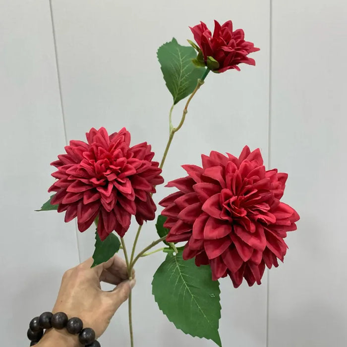 Lifelike Artificial Dahlia Flower – 3-Head Silk Long Branch for Home, Wedding, Party, and Bedroom Decor