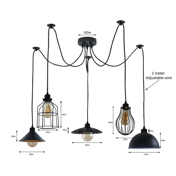 Spin hanglamp | Victor | Industrieel Kooilicht | 5-weg | Zwart