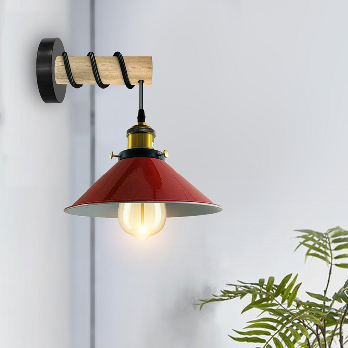 Vintage wandlamp | Tara | Houten basis | Metalen kegel | Rood