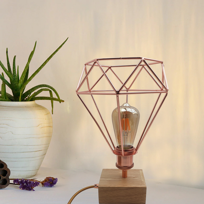 Vintage tafellamp | Ines | Houten basis | Rosé goud