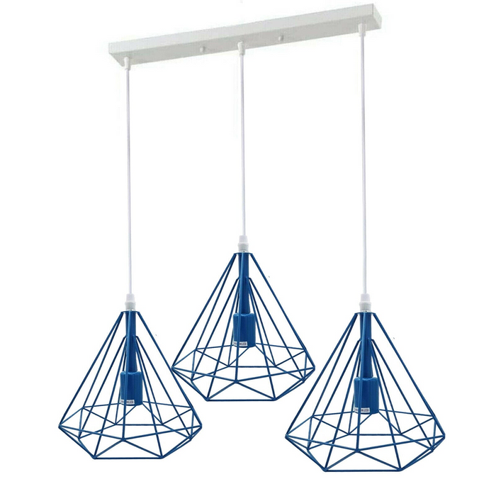 Vintage Pendant Light | Mallory | Cage Light | White and Blue | 3 Way