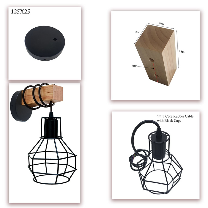 Vintage wandlamp | Ricardo | Houten basis | Zwarte metalen kooi 