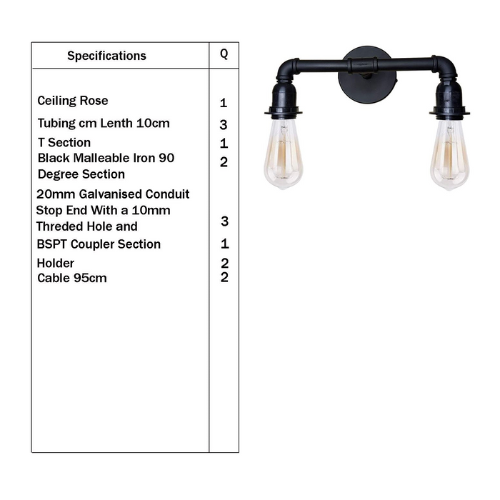 Industriële wandlamp | Henk | 2 Lampen Pijpverlichting | Zwart