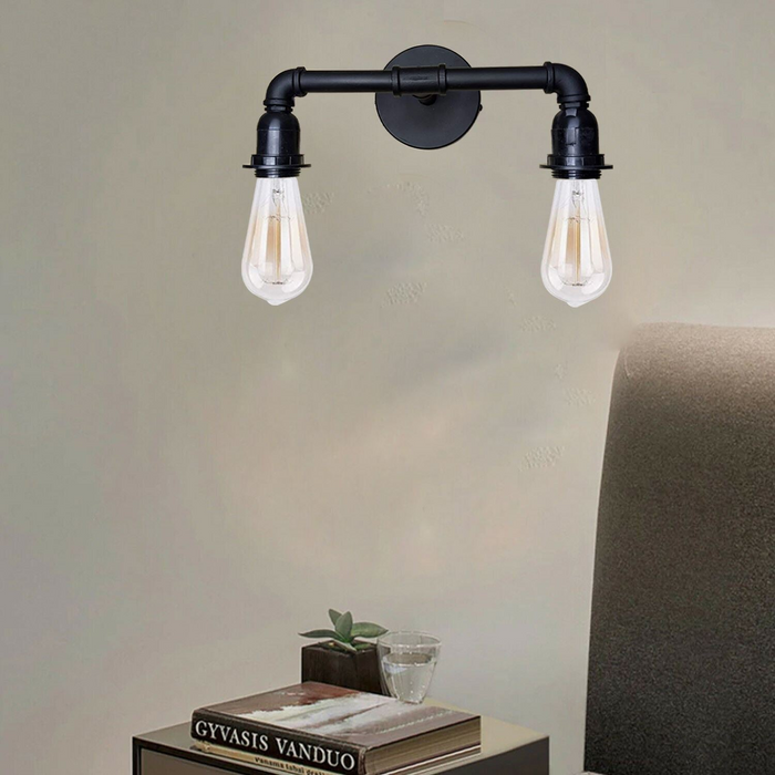 Industriële wandlamp | Henk | 2 Lampen Pijpverlichting | Zwart