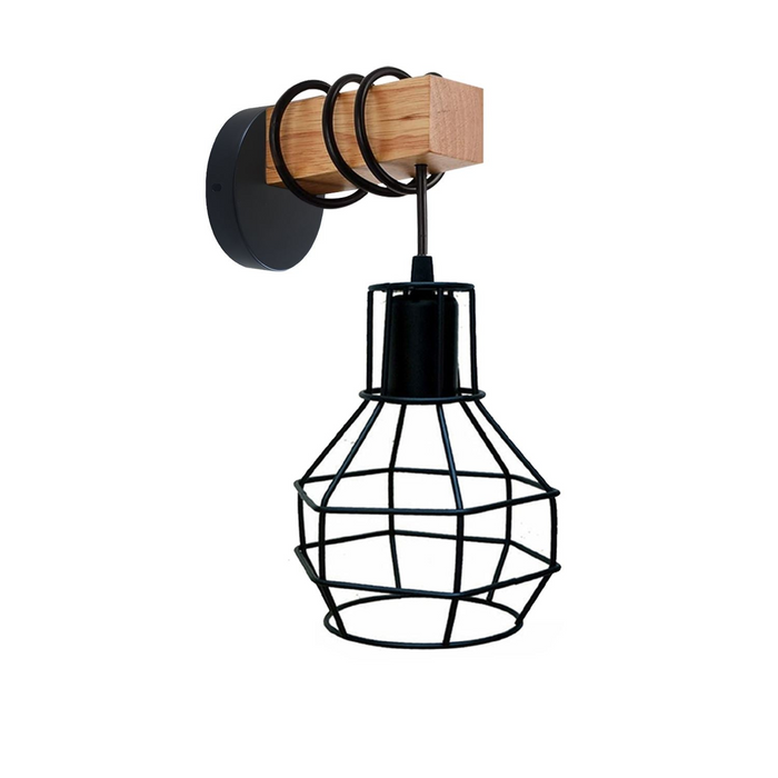 Vintage wandlamp | Ricardo | Houten basis | Zwarte metalen kooi 