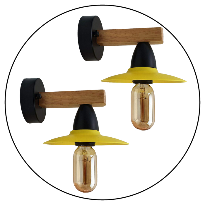 Vintage wandlamp | Erik | Houten basis | Gele tint | 2 stuks