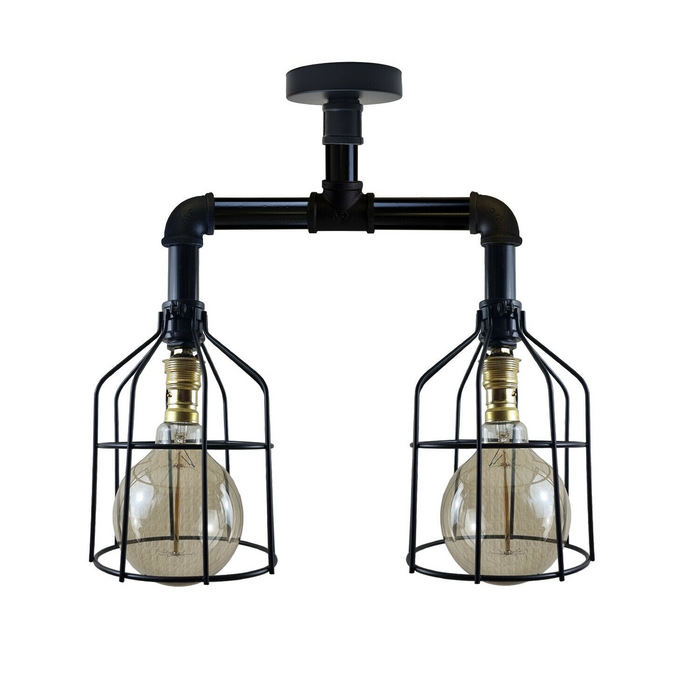Cage Ceiling Light | Di | Pipe Lighting | Industrial | 2 Way | Black
